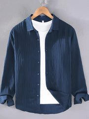 Dark Blue Textured Long Sleeve Button-up Shirt with classic collar