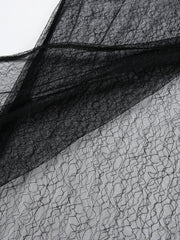 Black lace midi skirt with sheer panel detail and asymmetrical hem.