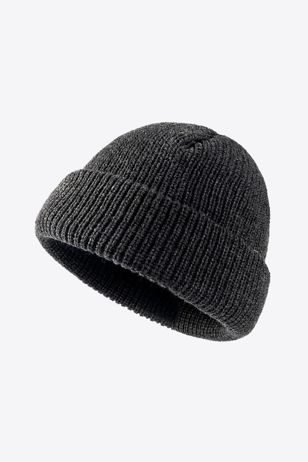 Dark gray ribbed knit beanie with folded edge detail