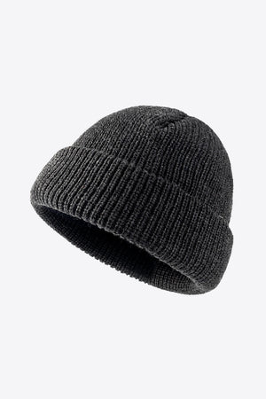 Dark gray ribbed knit beanie with folded edge detail