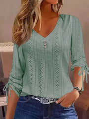 Full Size V-neck Eyelet Drawstring Sleeve Top in Pink, alternate angle