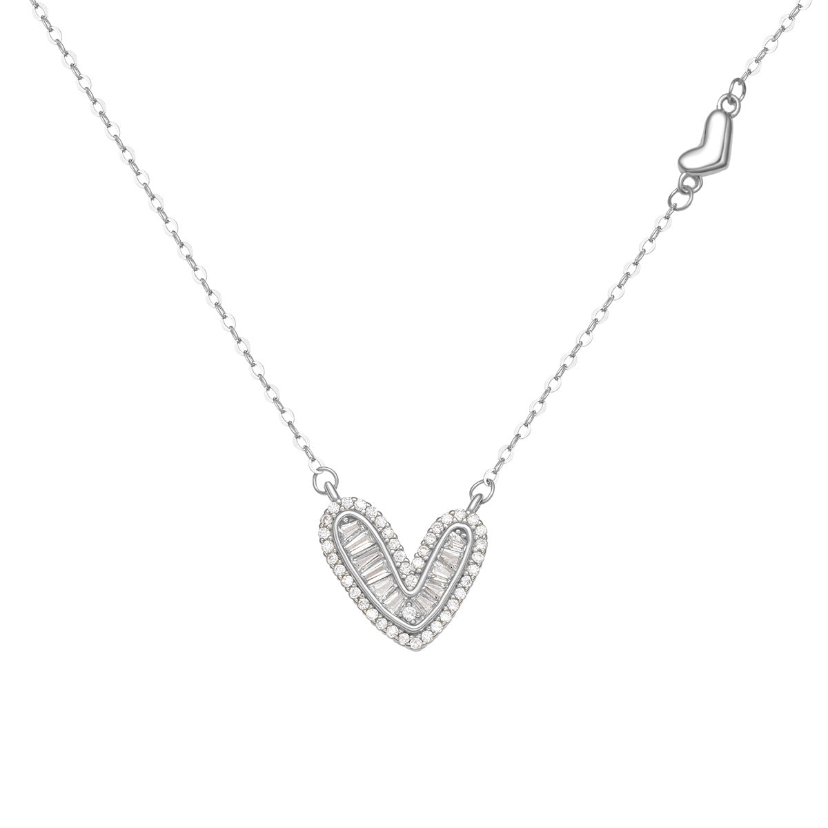 Silver heart pendant necklace with baguette and round stones on a delicate chain.