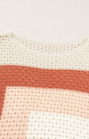 Beige crochet knit sweater with ombre stripes and open knit details.