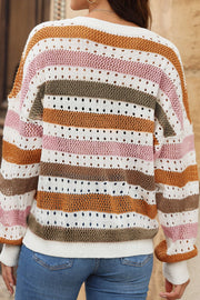 Openwork stripe crewneck sweater in acrylic with open knit details.