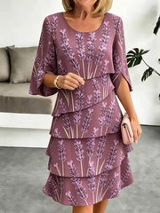 Purple floral tiered ruffle hem dress with split sleeves and above-knee length.