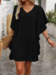 Black mini dress with V-neck and ruffled sleeves, casual style