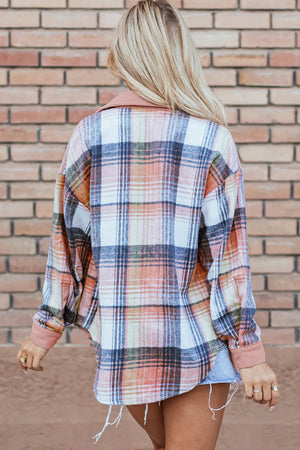Colorblock plaid shacket with ribbed collar and cuffs, featuring pink, blue, and orange tones.