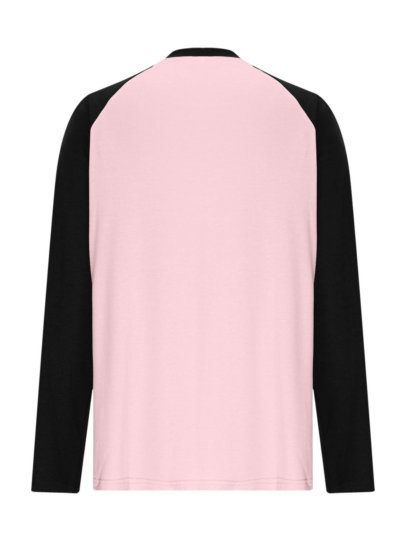Blush pink long sleeve t-shirt with black raglan sleeves and round neck.