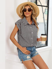Plaid Button Up Cap Sleeve Shirt in Blue, view 16