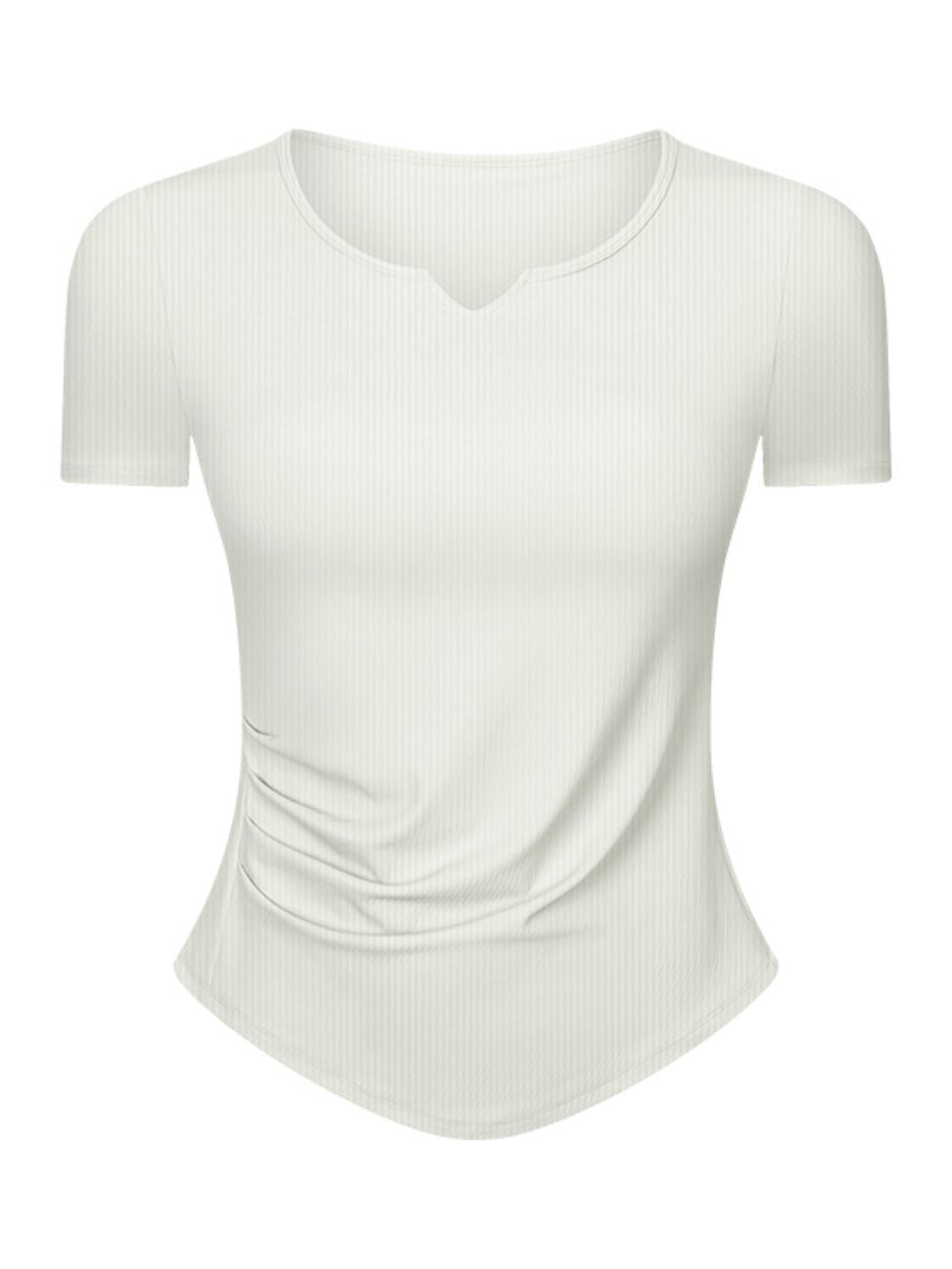White ribbed notch-neck active top with ruched side detail