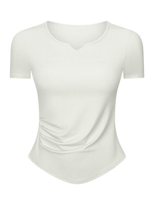 White ribbed notch-neck active top with ruched side detail