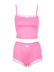 Pink cami and shorts set with lace trim and bow detail