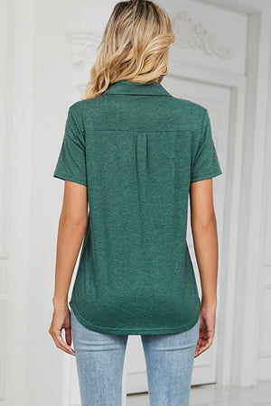 V-neck polo tee in dark green with short sleeves and a pocket detail.