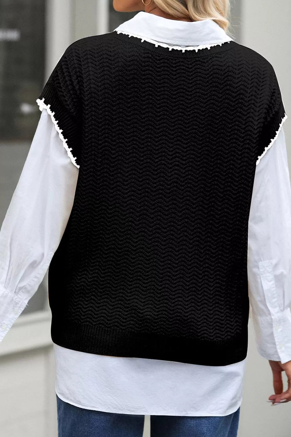 Textured Knit Sleeveless Sweater Vest in Dark Green, view 13