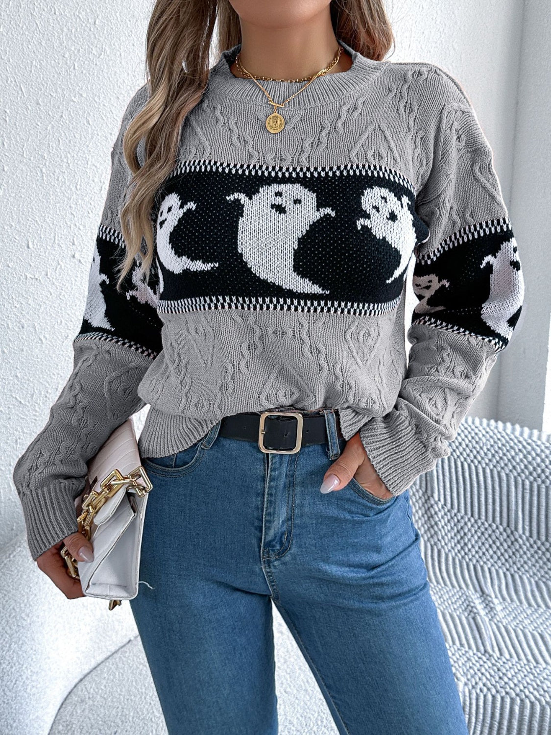 Gray cable knit crewneck sweater with ghost motif pattern, acrylic, long sleeves