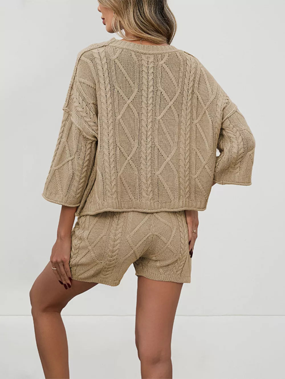 Cozy cable-knit two-piece sweater set in khaki with diamond and braid patterns.