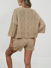Cozy cable-knit two-piece sweater set in khaki with diamond and braid patterns.