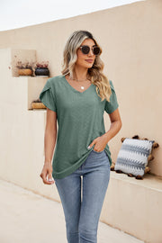 Teal knit top with v-neck and perforated sleeve detail