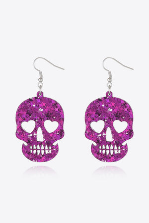 Glitter skull starburst dangle earrings with heart eyes in multicolor acrylic