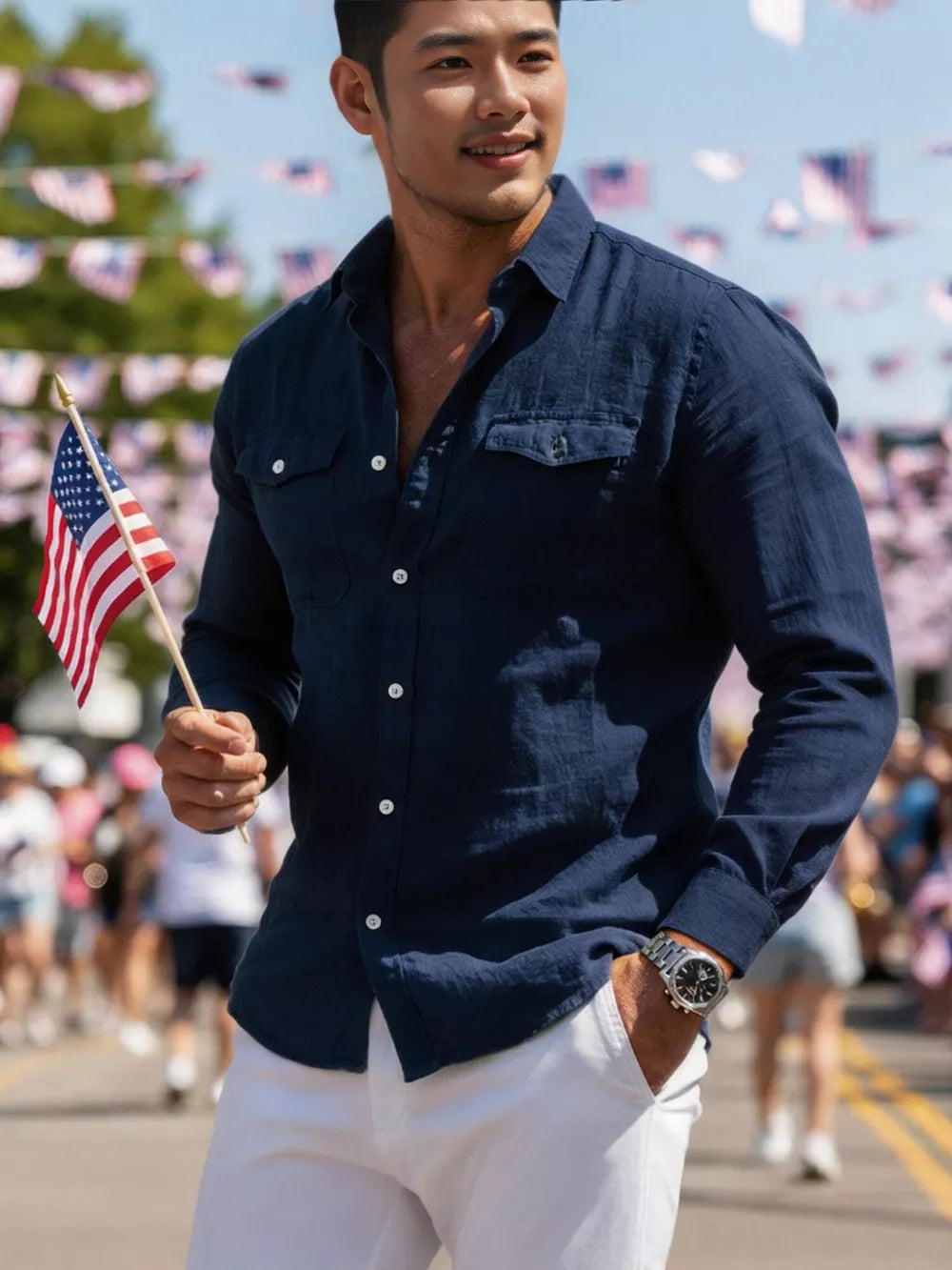 Navy blue casual button-up shirt with two chest pockets and white buttons.