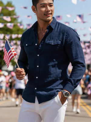 Navy blue casual button-up shirt with two chest pockets and white buttons.