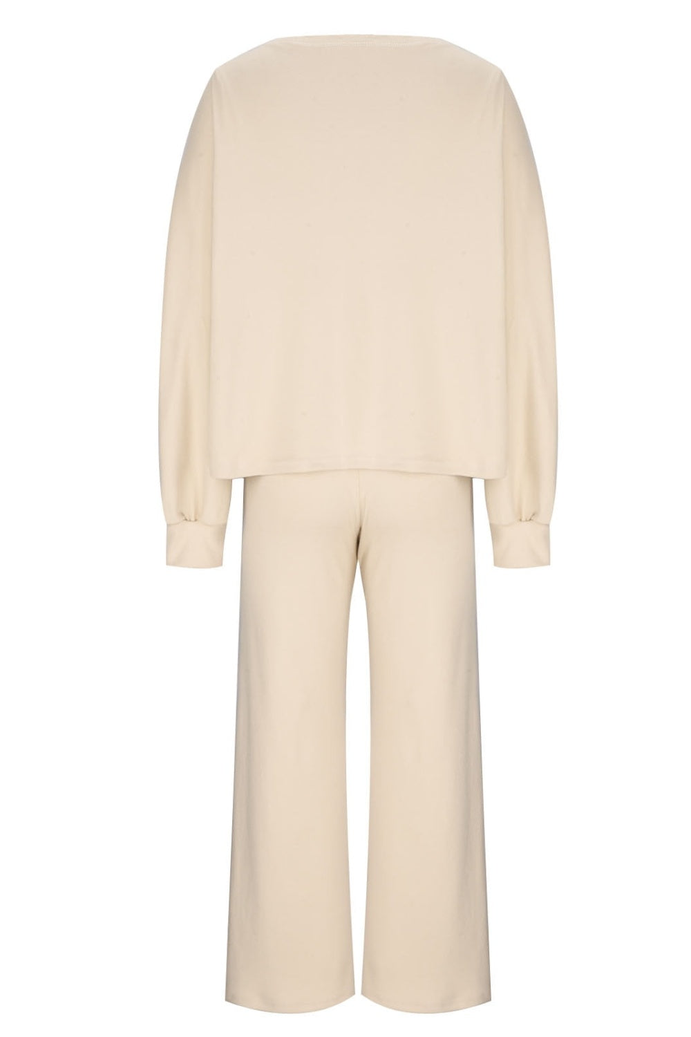 Cream wide-leg lounge set with balloon sleeves and matching pants.
