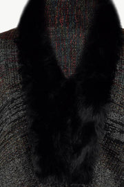 Textured knit cape with faux fur collar in dark gray with colorful flecks.