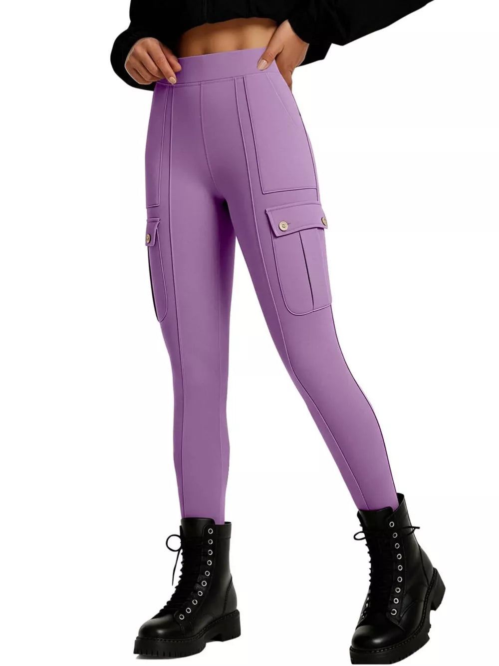 Purple maternity active pants with cargo pockets and button details