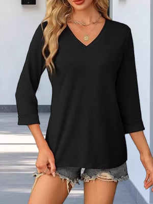 Black V-neck maternity t-shirt with 3/4 sleeves and cuffed hems.