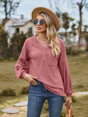 Ribbed henley hoodie in watermelon pink with balloon sleeves and buttoned placket.