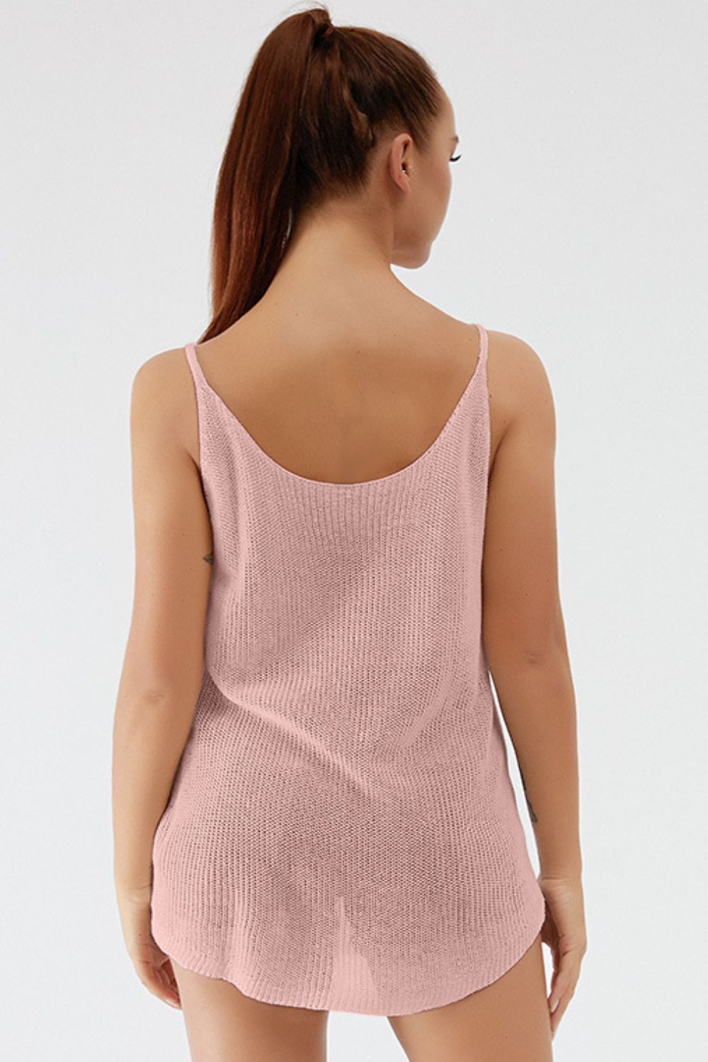 Dusty pink ribbed knit cami with scoop back and thin straps