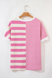 Pink and cream colorblock stripe waffle knit top with crew neck and short sleeves.