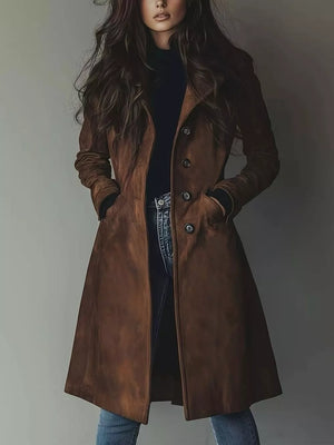 Button Up Longline Trench Coat in Dark Brown, front view