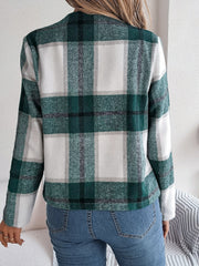 Collarless plaid cropped jacket in dark green with white and grey accents.