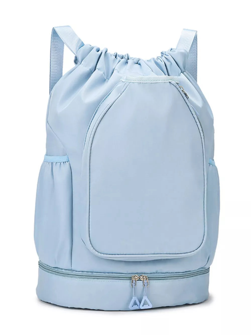 Sky Blue drawstring duffle bag with front zip pocket and dual zipper bottom compartment.