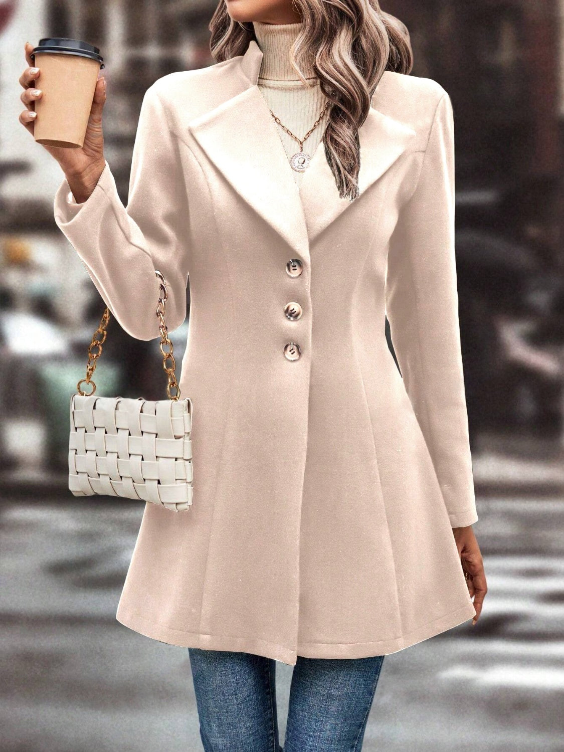 Sculpted flare-hemmed wool blend coat in Dust Storm with button closure and notched lapels.