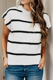 White horizontal stripe knit shell top with black stripes and short sleeves.