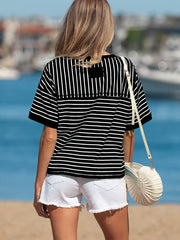 Black and white striped ribbed tee with half sleeves and crew neck, boxy fit