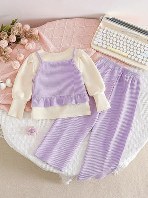 Children's Long Sleeve Top & Pants Set in Light Purple, back view