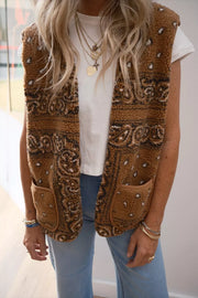 Cozy caramel sherpa vest coat with bandana print and pockets