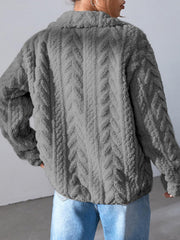 Textured chevron fleece zip jacket in dark gray with a fuzzy texture and collared neckline.