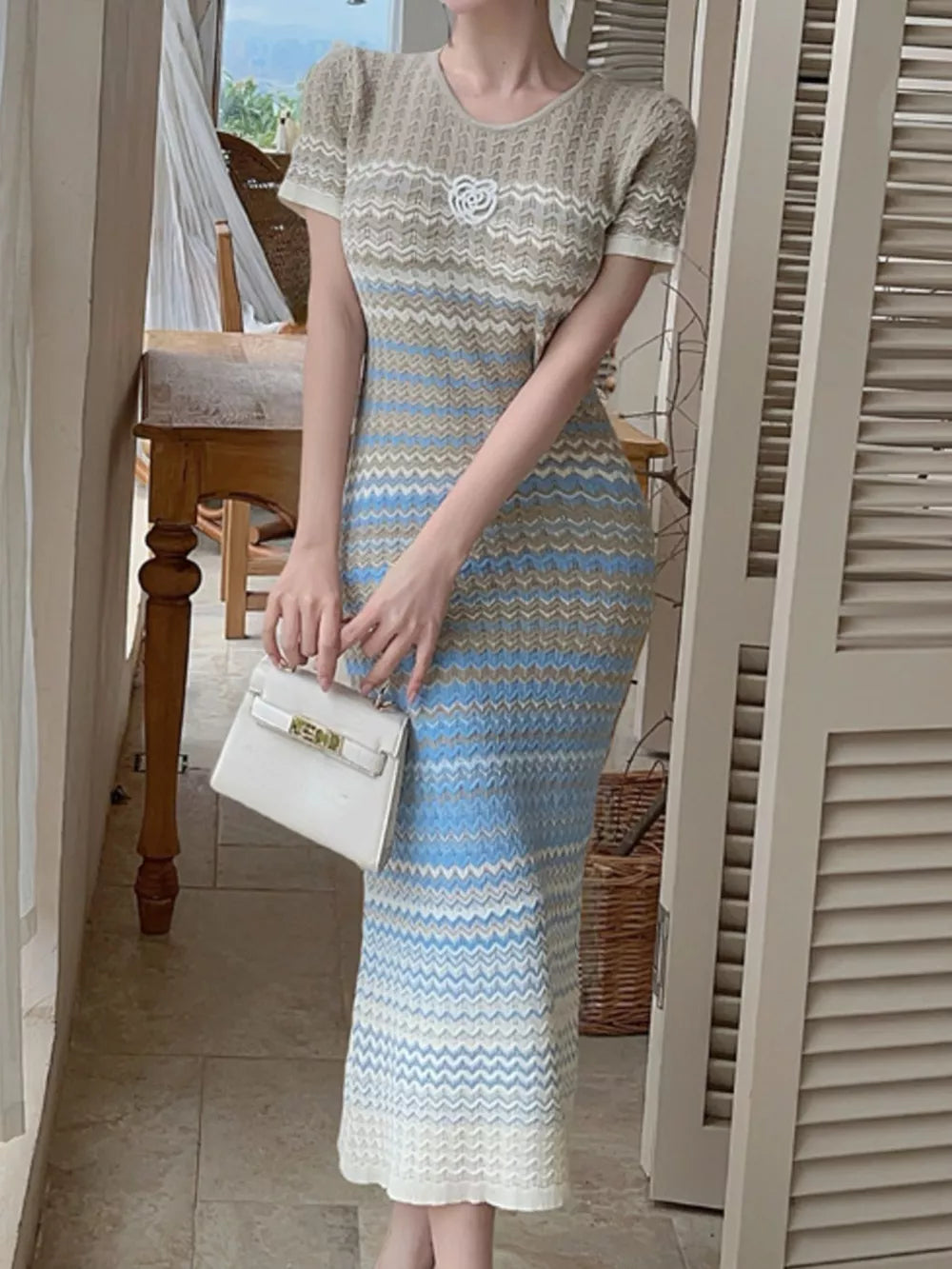 Gradient Knit Striped Midi Dress in Light Blue, model styling view