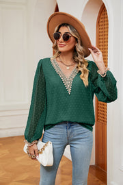 Green Swiss dot blouse with lace trim V-neck and poet sleeves