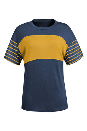 Colorblock raglan tee in dark navy and gold with striped sleeves and side slits.