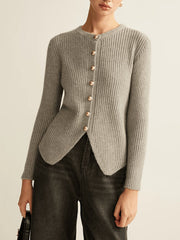 Grey ribbed knit crew neck cardigan with gold buttons and asymmetrical hem