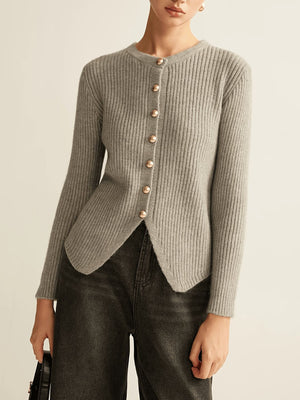 Grey ribbed knit crew neck cardigan with gold buttons and asymmetrical hem