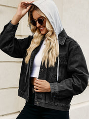 Black denim jacket with contrast grey hood and drawstring, button front, and chest pockets.