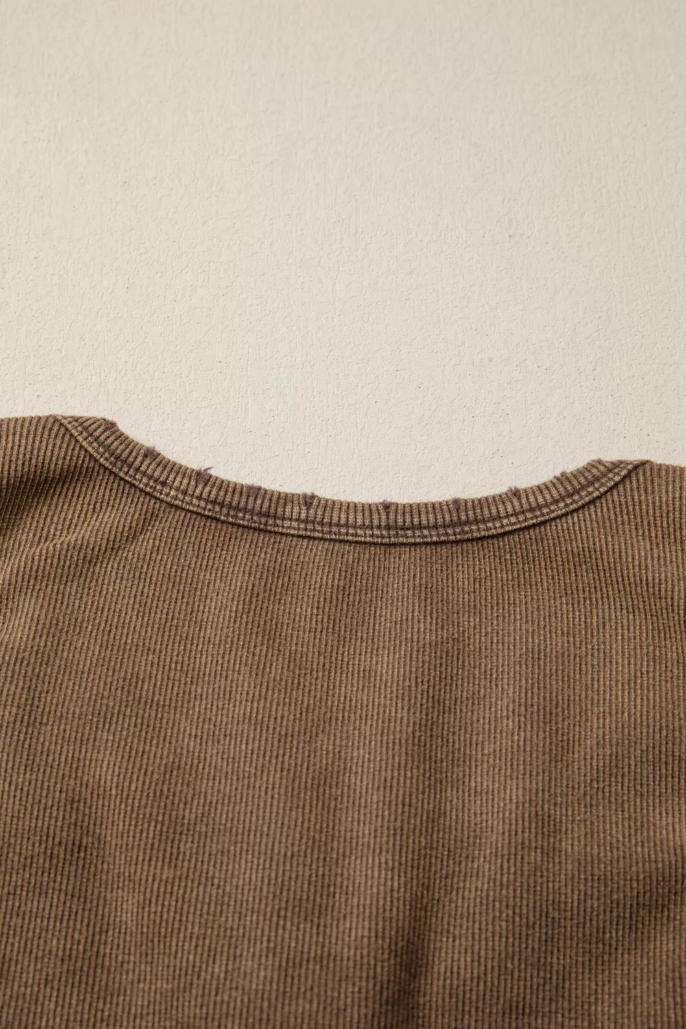 Brown ribbed henley snap tank top with raw edge neckline