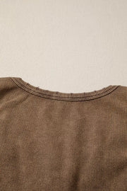 Brown ribbed henley snap tank top with raw edge neckline