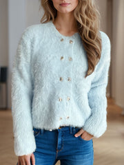 Mint blue fluffy double-breasted knit cardigan with heart buttons